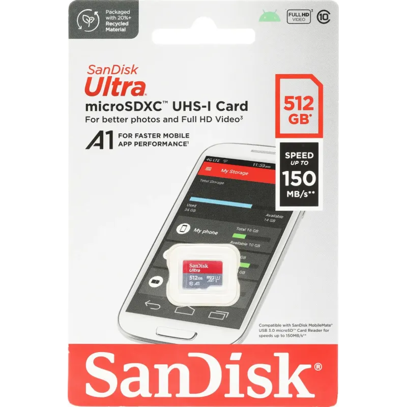 Карта памяти SanDisk Ultra microSDXC 512 Гб UHS-I Class 10 до 150 МБ/с SDSQUAC-512G-GN6MN