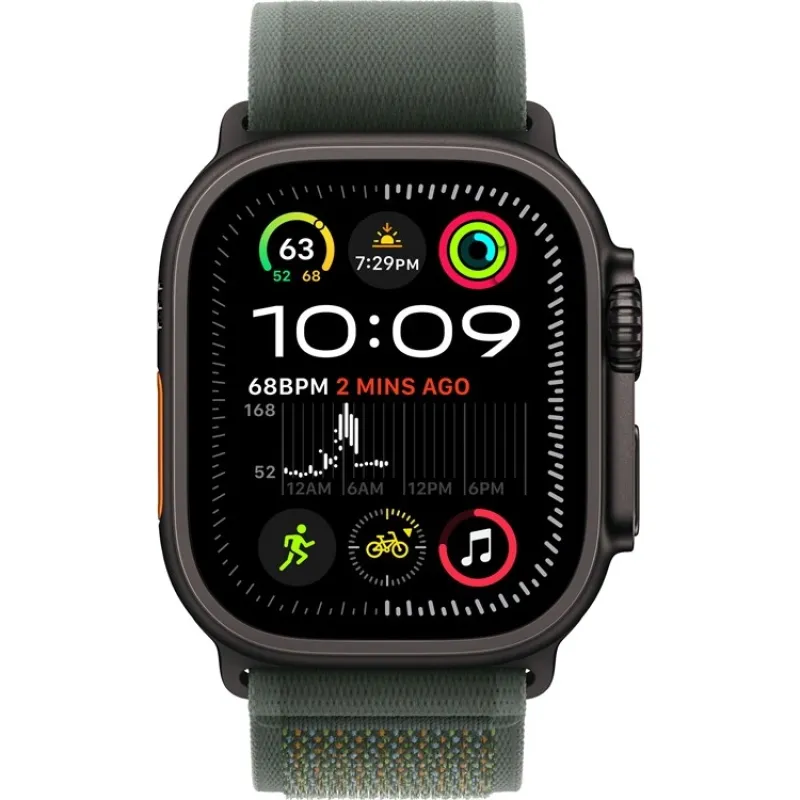 Смарт-часы Apple Watch Ultra 2 2024, 49 мм, LTE, Black Titanium Case with Green Trail Loop (M/L), черный титан с зеленым ремешком